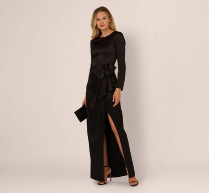 Long Sleeve Satin Bow Gown In Black