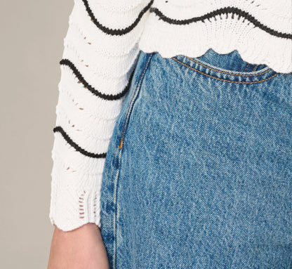 Open Pointelle Scalloped Cardigan Sweater In Glacier Black