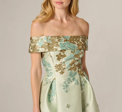 Floral Jacquard Ankle Length Dress With Off The Shoulder Neckline In Sage Gold