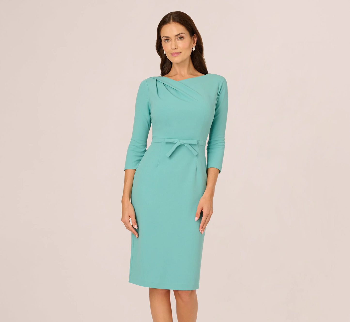 Three Quarter Sleeve Drape Collar Sheath Dress In Smoky Jade