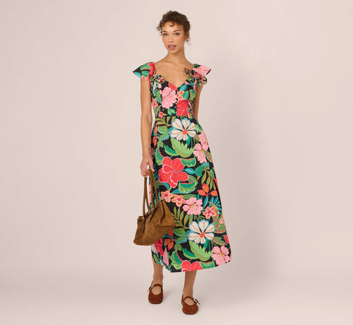 3D Tropical Floral Cotton A Line Midi Dress In Black Multi