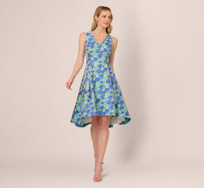 Sleeveless Tulip Jacquard Fit And Flare Midi Dress In Blue Green Multi