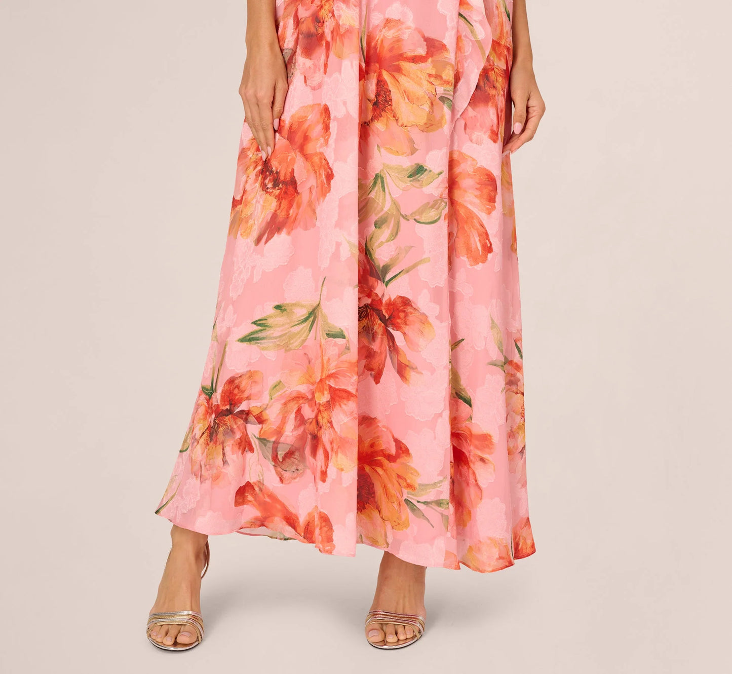 Floral Chiffon Trapeze Halter Gown In Pink Multi