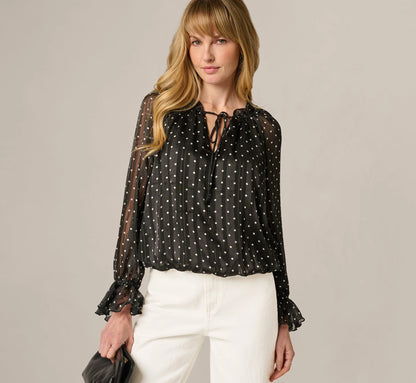 Long Sleeve Chiffon Ruffle Blouse In Black Cream Dot
