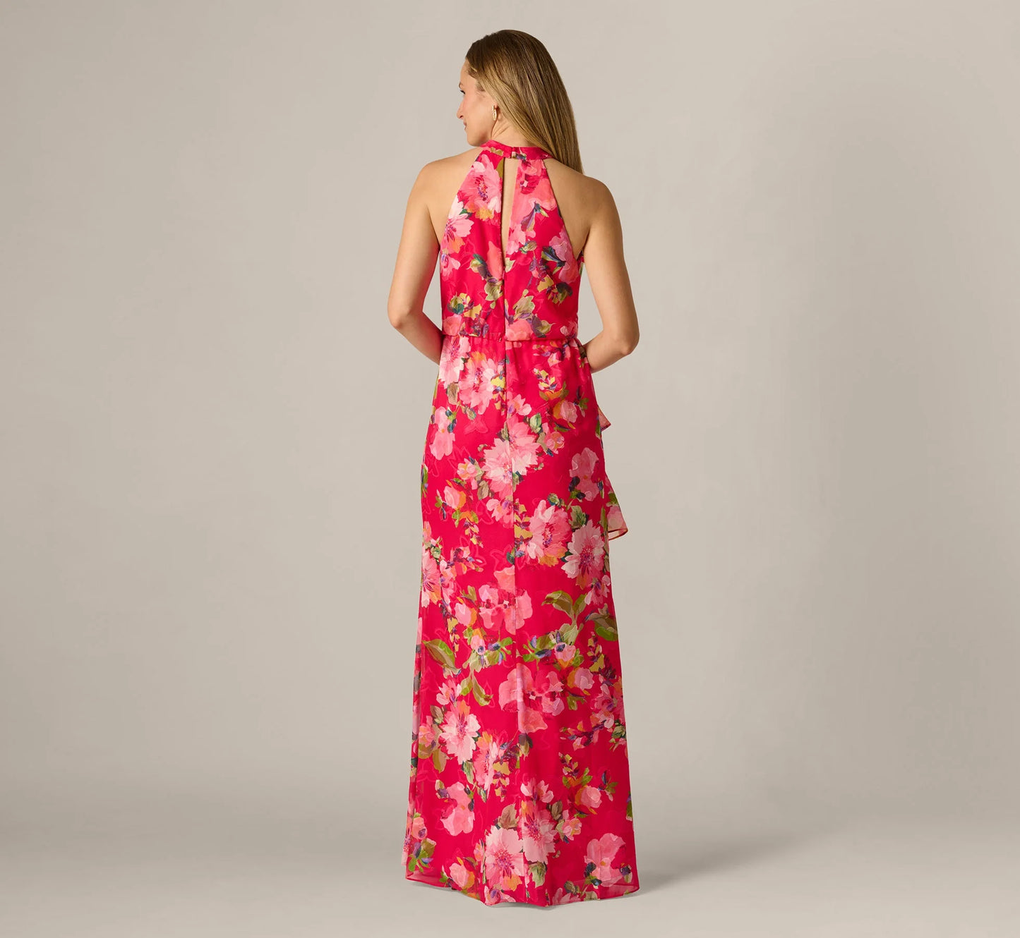Floral Chiffon Keyhole Halter Maxi Dress In Pink Multi