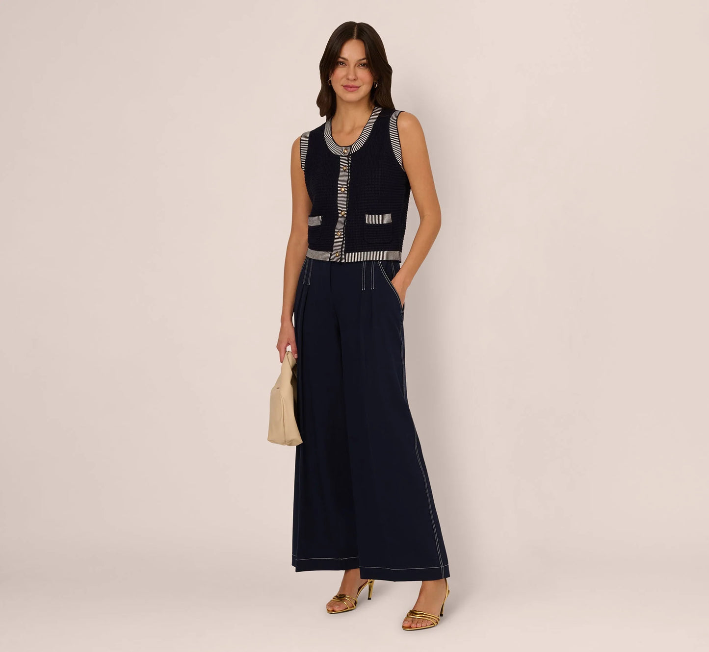 Striped Trim Cardigan Sweater Vest In Navy Ivory