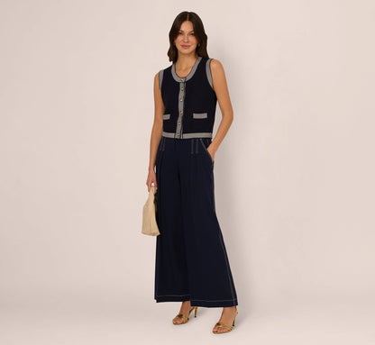 Striped Trim Cardigan Sweater Vest In Navy Ivory