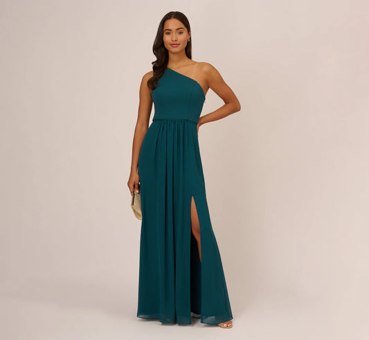 One Shoulder Chiffon Long Gown In Hunter