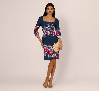 Three Quarter Sleeve Floral Sheath Dress In Navy Pink Multi