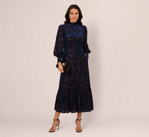 Long Sleeve Floral Velvet Burnout Midi Dress In Light Navy