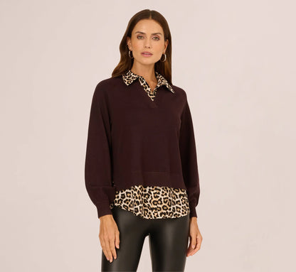 Long Sleeve Collared Printed Twover Sweater In Brownie W  Bengal Cheetah