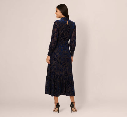 Long Sleeve Floral Velvet Burnout Midi Dress In Light Navy