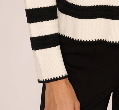 Textured Knit Blanket Stitch Cardigan Sweater In Ivory Black