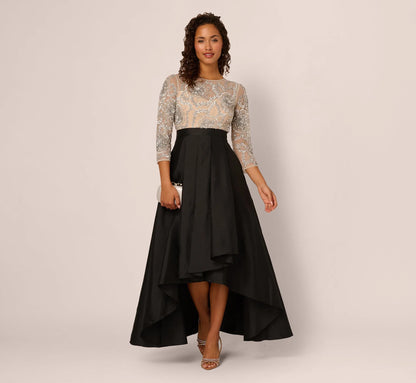 Three Quarter Sleeve Beaded Taffeta Combo Gown In Black Silver
