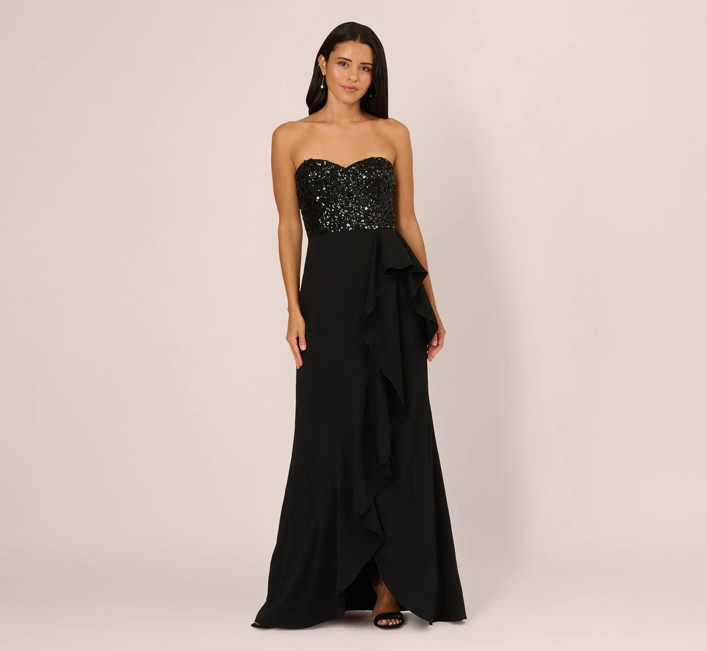 Strapless Sequin Ruffle Combo Gown In Black