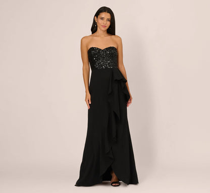 Strapless Sequin Ruffle Combo Gown In Black