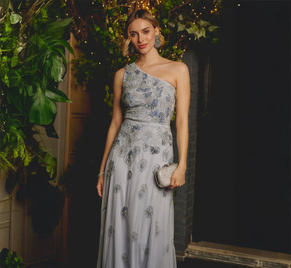 One Shoulder Beaded Mesh Gown In Serenity