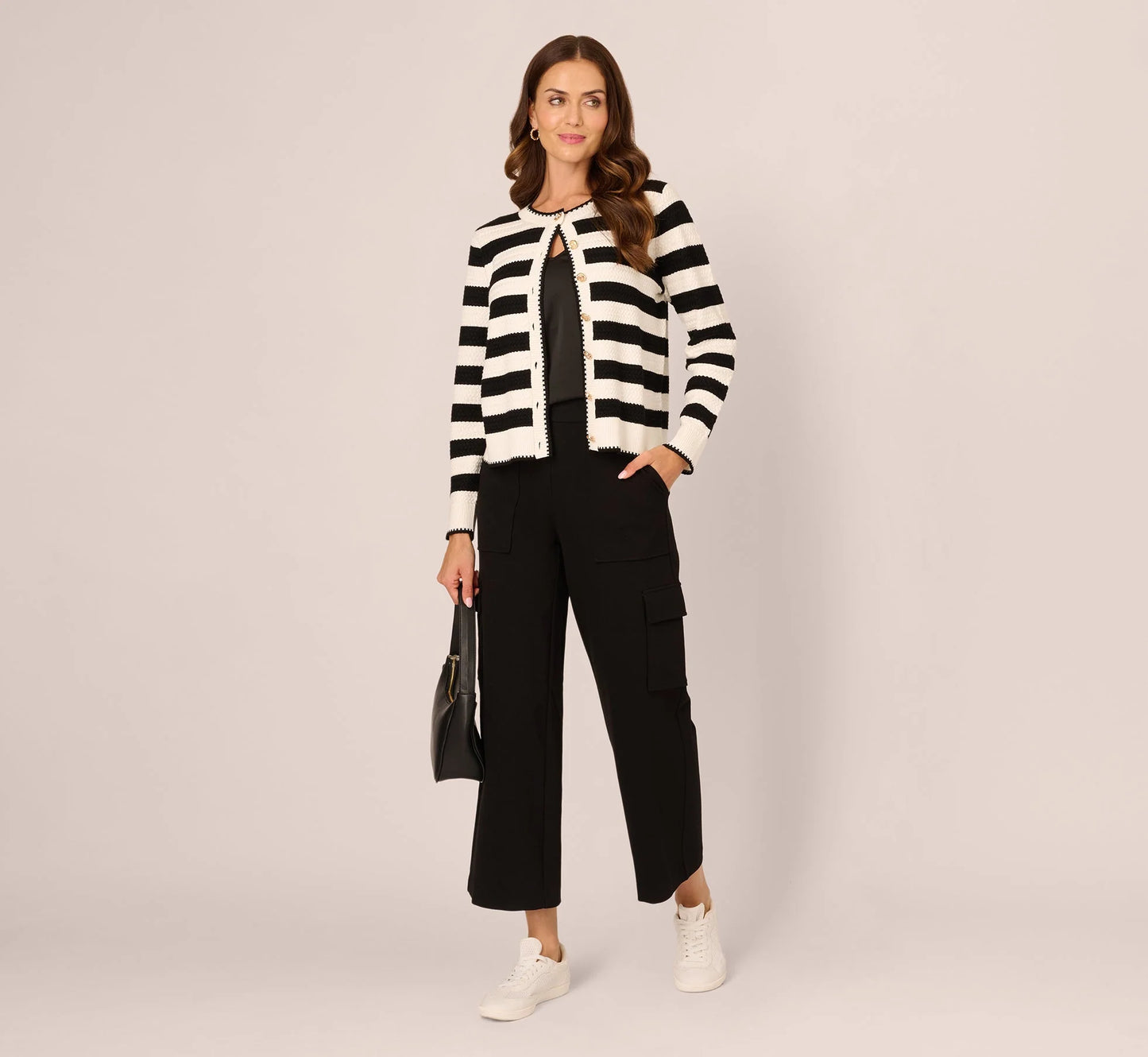 Textured Knit Blanket Stitch Cardigan Sweater In Ivory Black