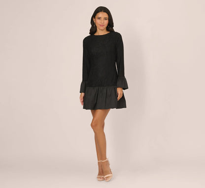 Long Sleeve Drop Waist Lace Dress In Black