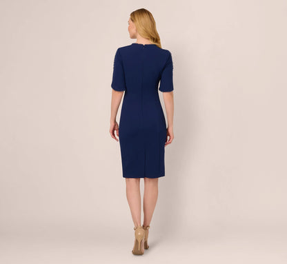 Crepe Midi Length Sheath Dress With Pearl Trimmed Sleeves In Navy Sateen
