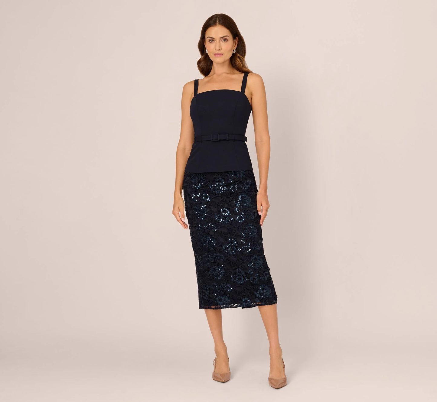 Sleeveless Sequin Lace Combo Midi Dress In Midnight