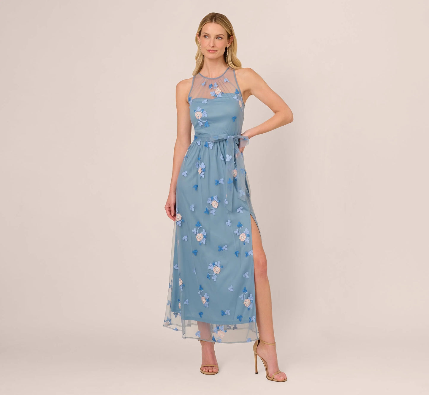 Sleeveless Illusion Embroidered Maxi Dress In French Blue Multi