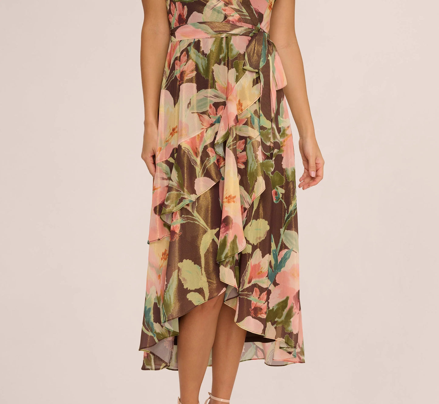 Flutter Sleeve High Low Midi Wrap Dress In Brown Multi