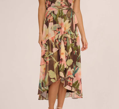 Flutter Sleeve High Low Midi Wrap Dress In Brown Multi