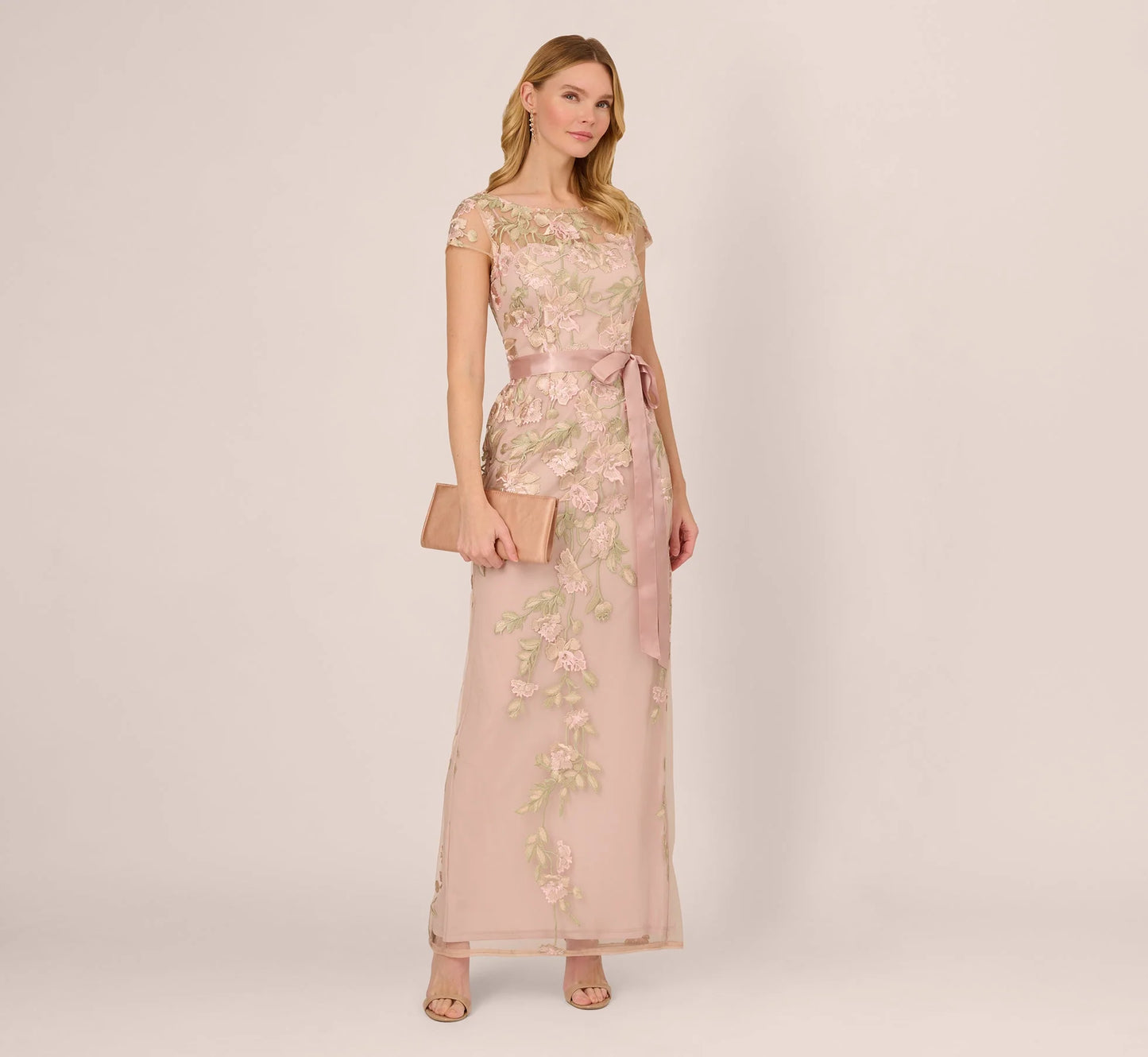 Short Sleeve Floral Embroidered Gown With Ribbon Tie Waist In Blush Nude Multi