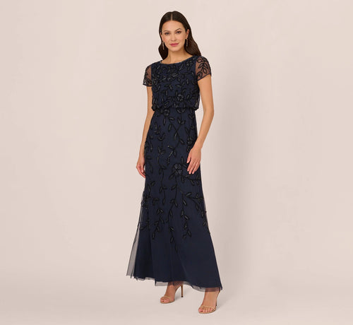 Jasmine Beaded Blouson Gown With Sheer Short Sleeves In Navy Black