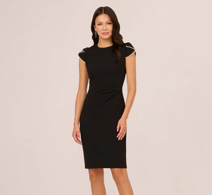 Cap Sleeve Pearly Trim Sheath Dress In Black Ivory