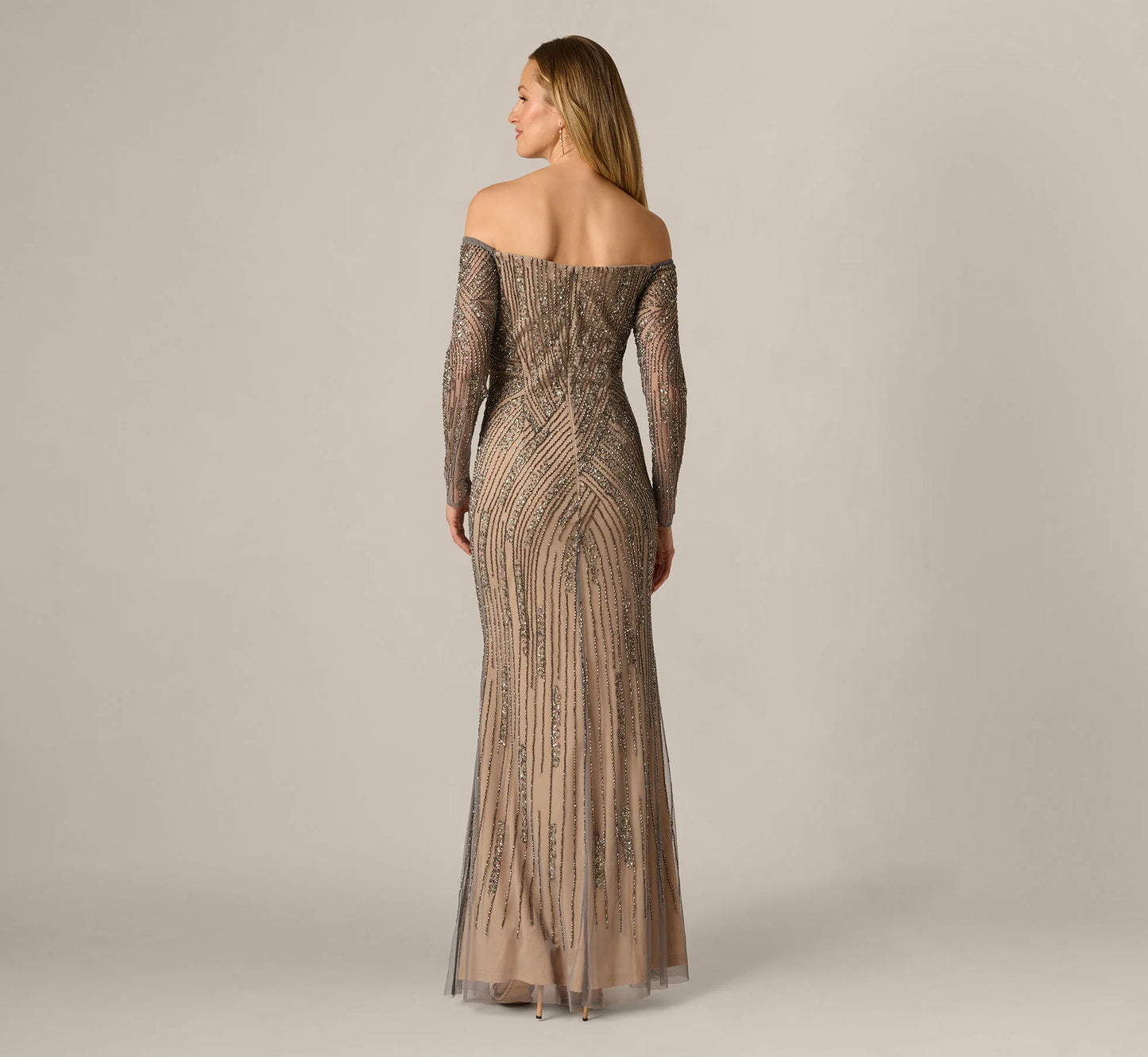 Hand Beaded Off Shoulder Gown In Sterling