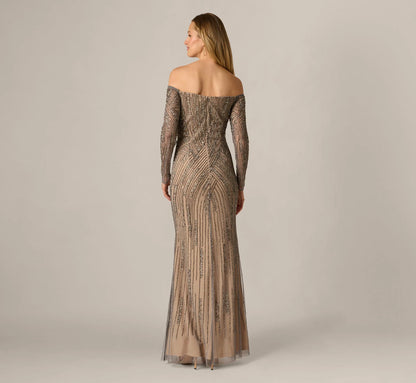 Hand Beaded Off Shoulder Gown In Sterling