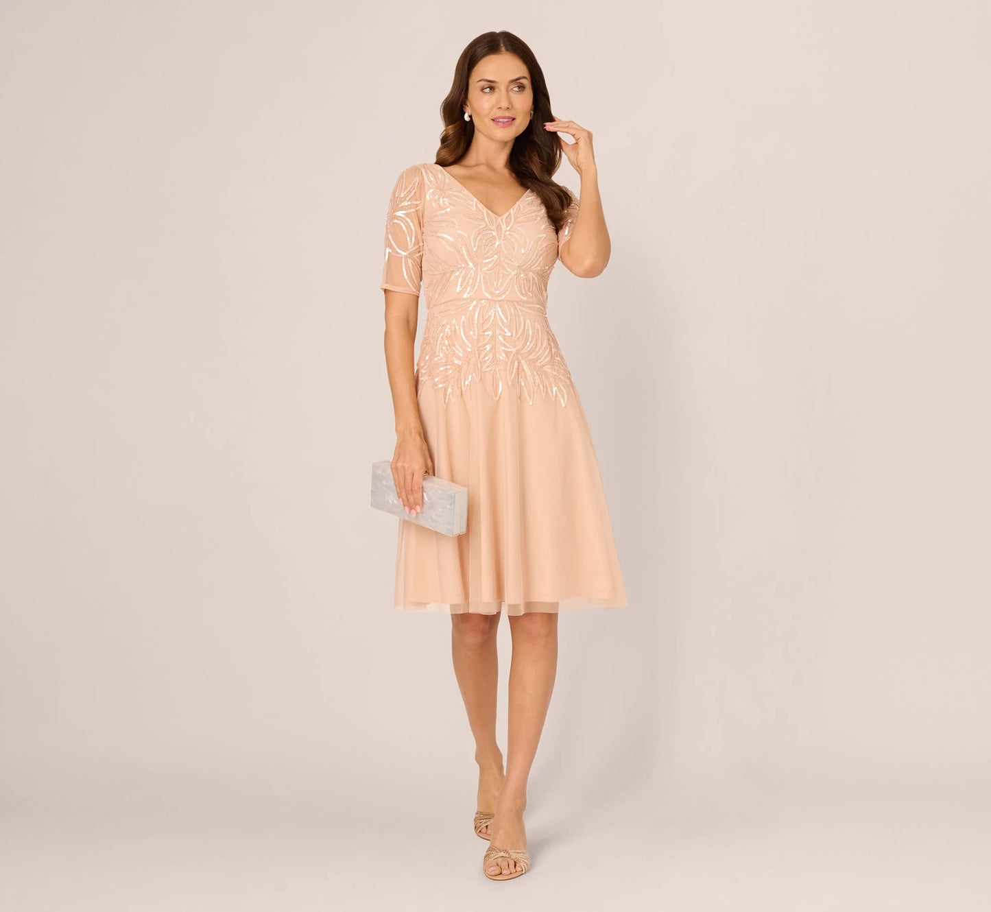 Short Sleeve Sequin Bead Midi Dress In Blush