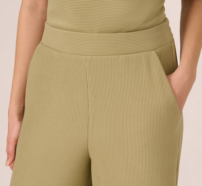 Wide Leg Rib Knit Pants In Dusty Sage Green