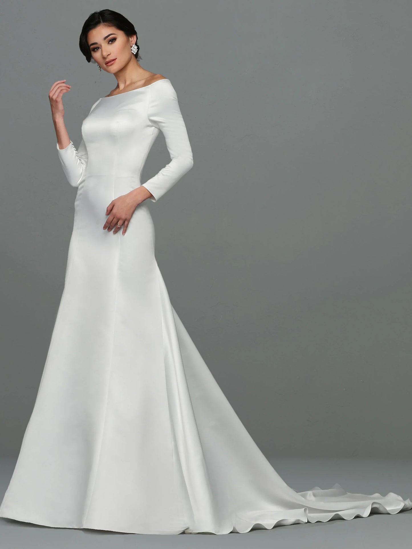 SATIN FIT AND FLARE WEDDING DRESS WITH LONG SLEEVES