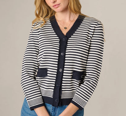 Fringe Trim Cardigan Sweater In Navy Ivory