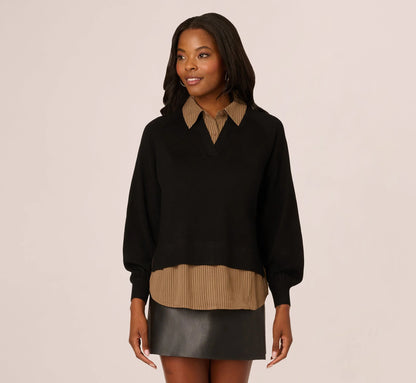 Long Sleeve Collared Printed Twover Sweater In Black W  Mocha Petite Stripe