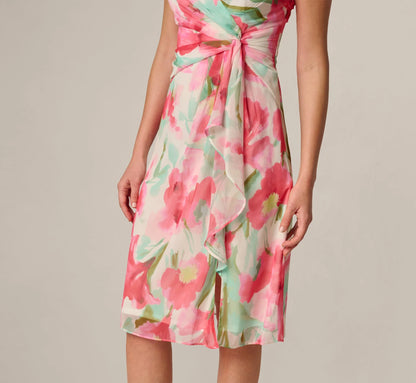 Sleeveless Draped Floral Chiffon Midi Sheath Dress In Coral Green Multi
