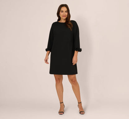 Plus Size Three Quarter Sleeve Shift Dress With Floral Embellished Cuffs In Black