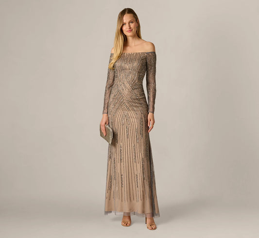 Hand Beaded Off Shoulder Gown In Sterling