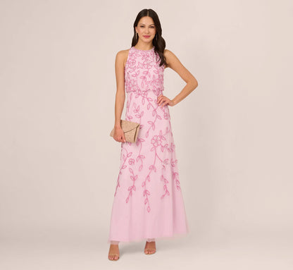 Sleeveless Blouson Mermaid Gown With Jasmine Beading In Pink Lace