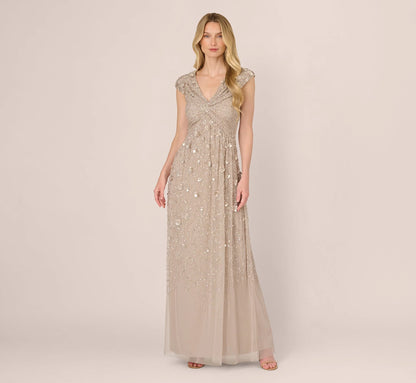 Cap Sleeve Beaded Sequin Floral Gown In Marble