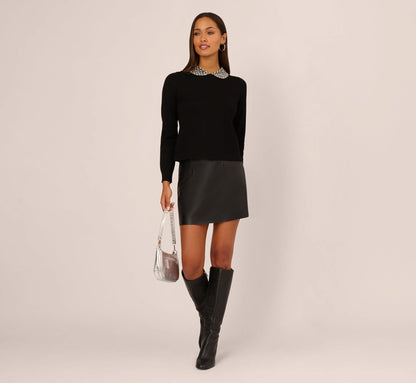 Long Sleeve Pearly Beaded Collar Sweater In Black