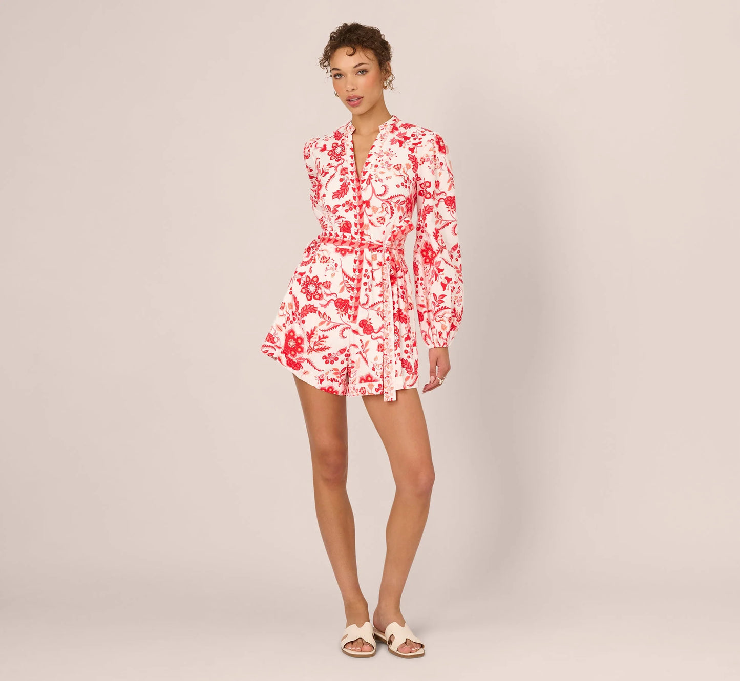 Long Sleeve Tie Front Floral Romper In White Coral Multi