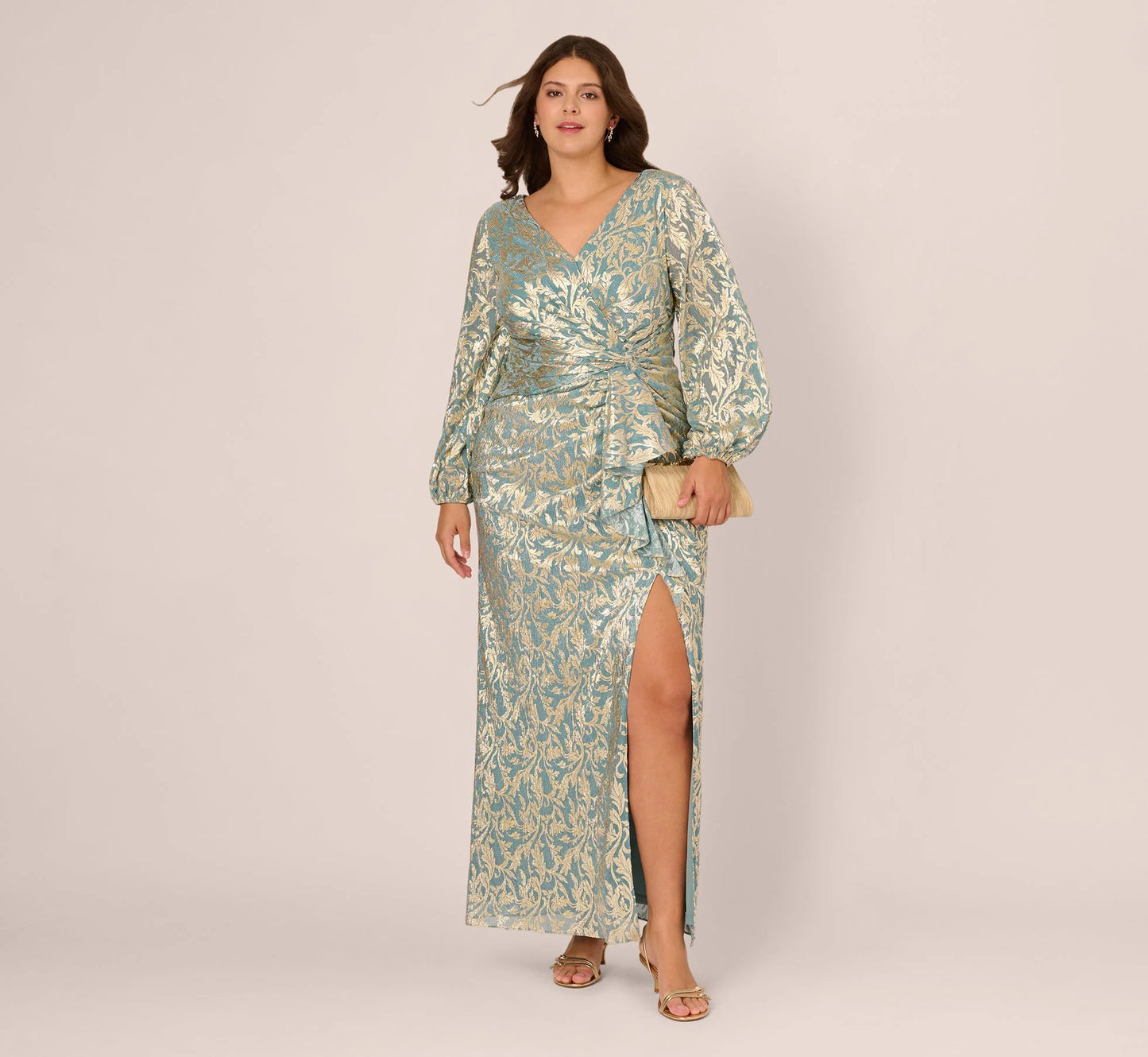 Plus Size Long Sleeve Metallic Crinkle Drape Gown In Mint Gold