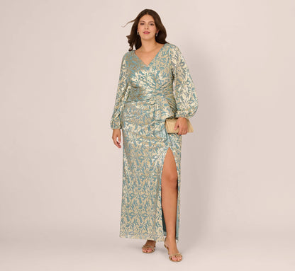 Plus Size Long Sleeve Metallic Crinkle Drape Gown In Mint Gold