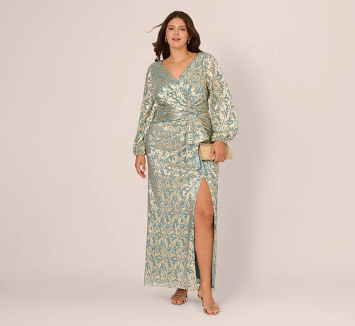 Plus Size Long Sleeve Metallic Crinkle Drape Gown In Mint Gold