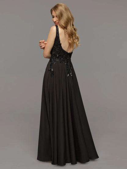 CHIFFON A LINE WEDDING DRESS WITH BEADED LACE