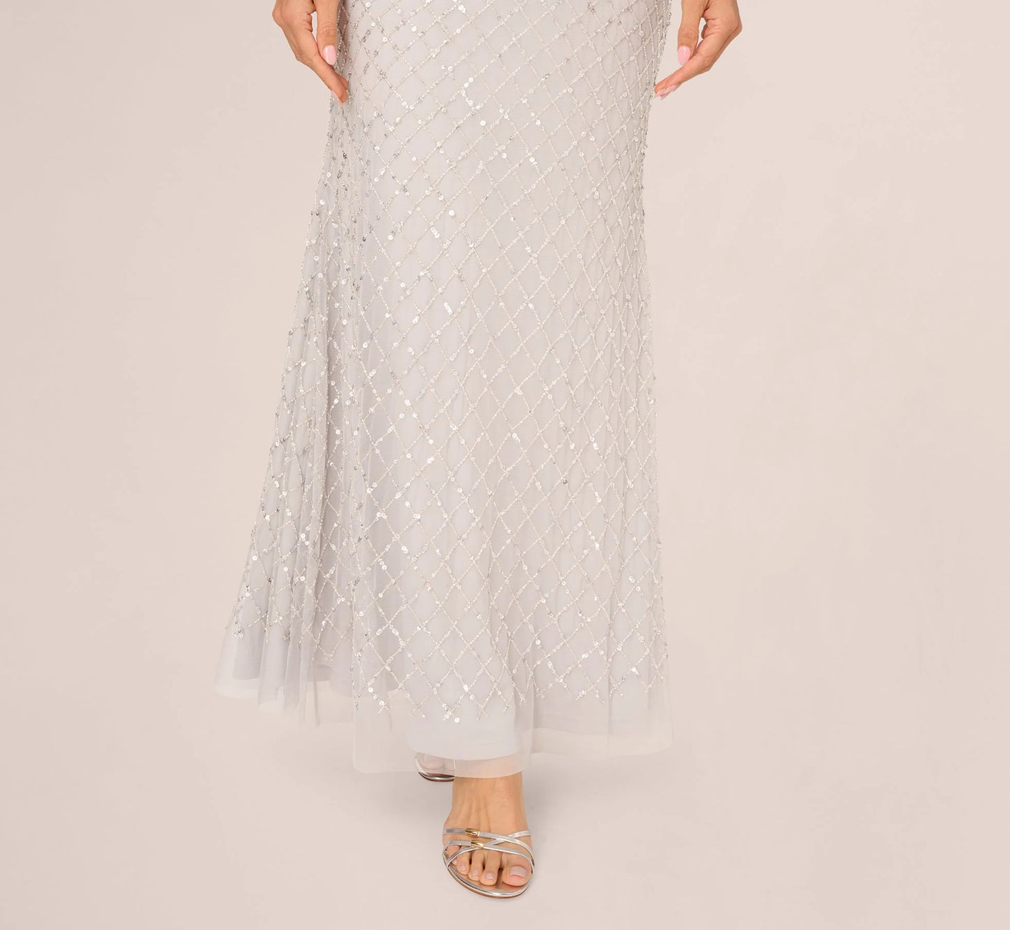Short Sleeve Diamond Beaded Cowl Gown In Crystal Silver